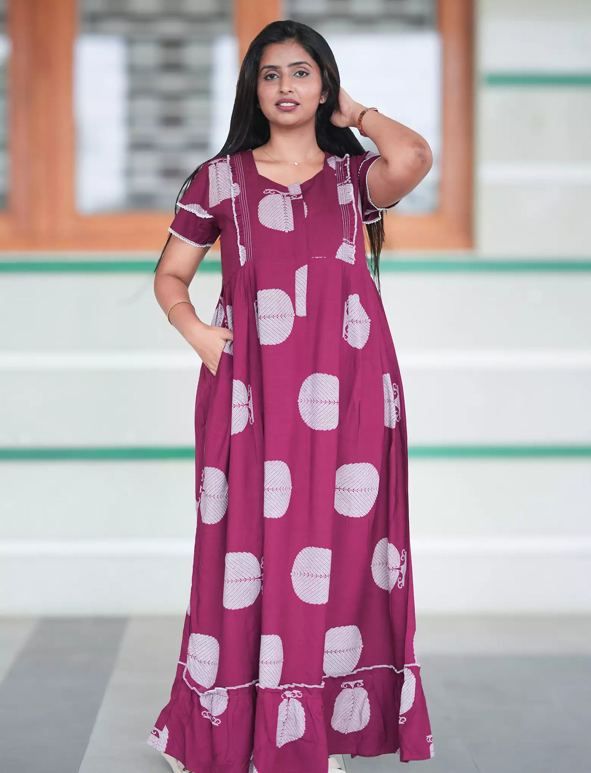 Berry Pink Botanical Print Rayon Front Zipper Feeding Full Frock with Side Pocket - Mangai Nighties