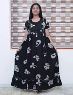 Purple Floral Print Rayon Front Zipper Feeding with Double Layer Sleeve Full Frock - Mangai Nighties