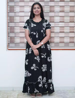 Purple Floral Print Rayon Front Zipper Feeding with Double Layer Sleeve Full Frock - Mangai Nighties