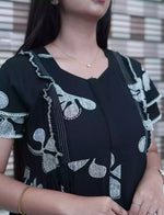 Purple Floral Print Rayon Front Zipper Feeding with Double Layer Sleeve Full Frock - Mangai Nighties