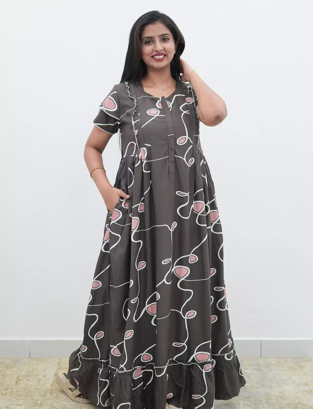 Charcoal Grey Loop Print Rayon Maternity Feeding Dress - Mangai Nighties 