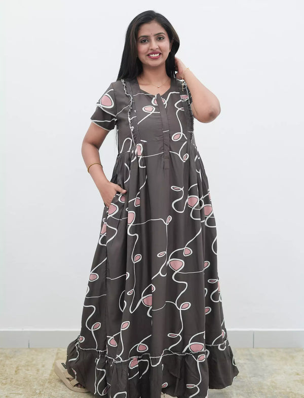 Charcoal Grey Loop Print Rayon Maternity Feeding Dress - Mangai Nighties 