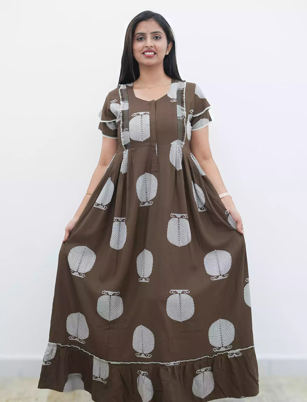 Berry Pink Botanical Print Rayon Front Zipper Feeding Full Frock with Side Pocket - Mangai Nighties