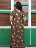 Coffee Brown Abstract Feather Print Rayon Front Zipper Feeding Full Frock - Mangai Nighties