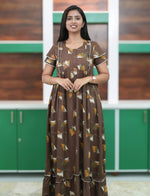 Coffee Brown Abstract Feather Print Rayon Front Zipper Feeding Full Frock - Mangai Nighties