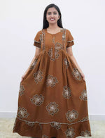 Maroon Floral Outline Print Rayon Front Zipper Feeding and Casual Full Frock - Mangai Nighties