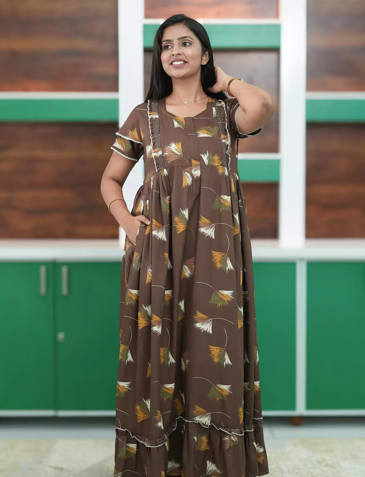 Coffee Brown Abstract Feather Print Rayon Front Zipper Feeding Full Frock - Mangai Nighties