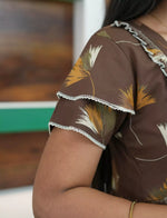 Coffee Brown Abstract Feather Print Rayon Front Zipper Feeding Full Frock - Mangai Nighties