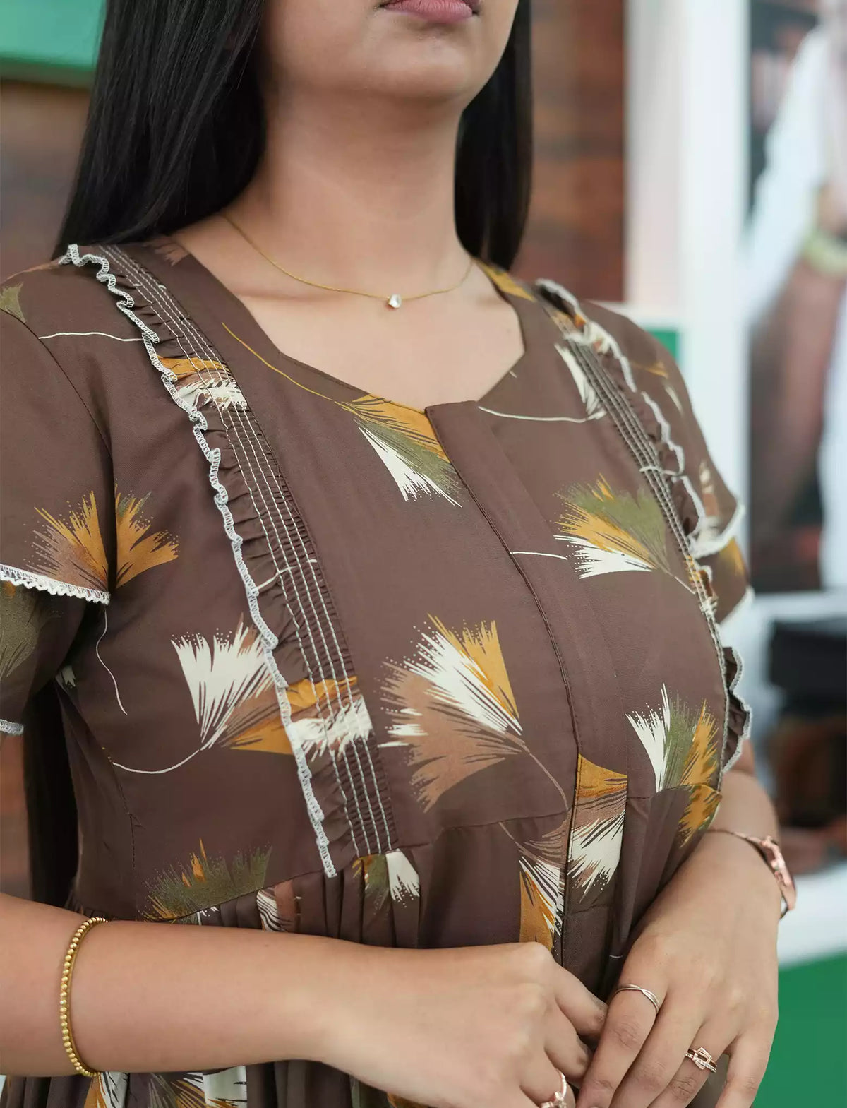 Coffee Brown Abstract Feather Print Rayon Front Zipper Feeding Full Frock - Mangai Nighties