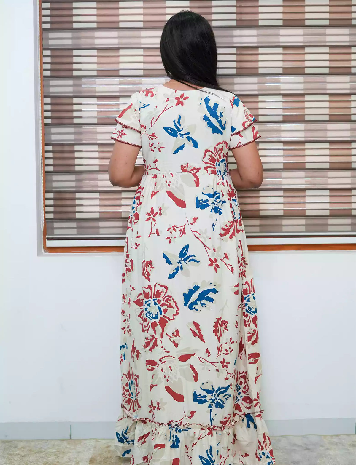 Cream White Floral Print Feeding Flared Dress with Frill Hem - Mangai Nighties 