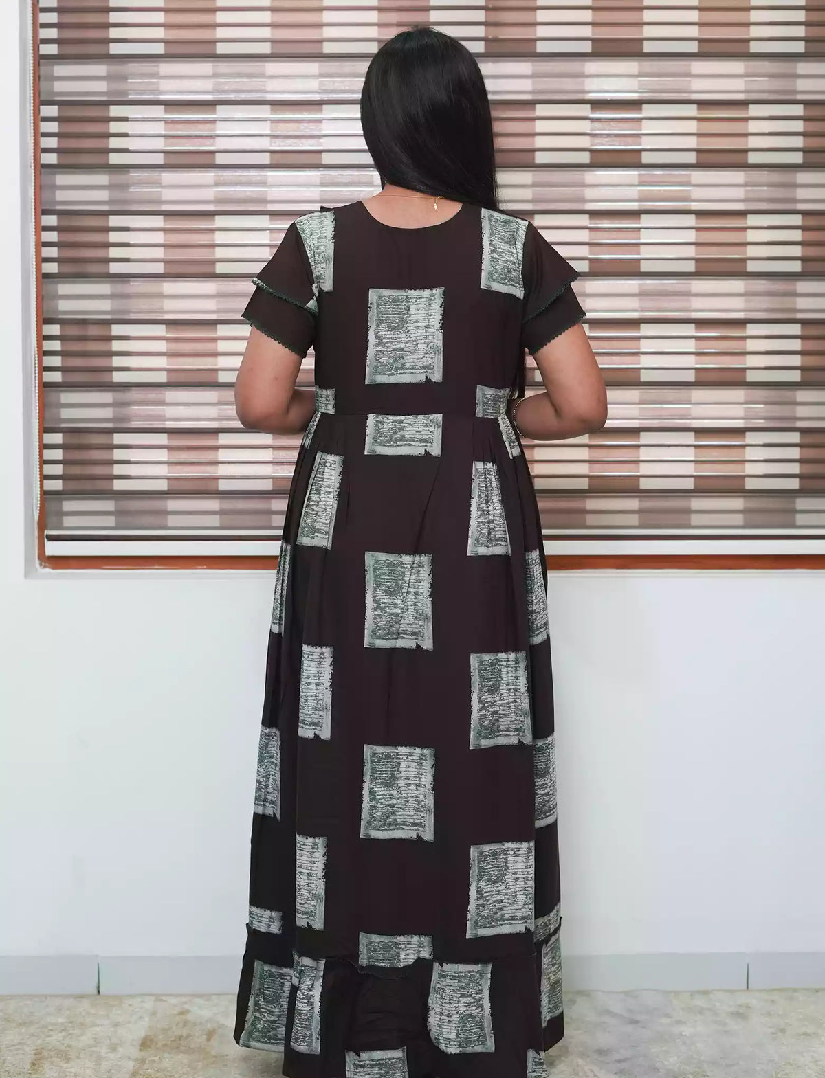Dark Brown Geometric Print Rayon Front Zipper Feeding Full Frock with Flutter Sleeve- Mangai Nighties