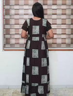 Dark Brown Geometric Print Rayon Front Zipper Feeding Full Frock with Flutter Sleeve- Mangai Nighties