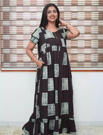 Dark Brown Geometric Print Rayon Front Zipper Feeding Full Frock with Flutter Sleeve- Mangai Nighties