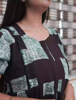 Dark Brown Geometric Print Rayon Front Zipper Feeding Full Frock with Flutter Sleeve- Mangai Nighties