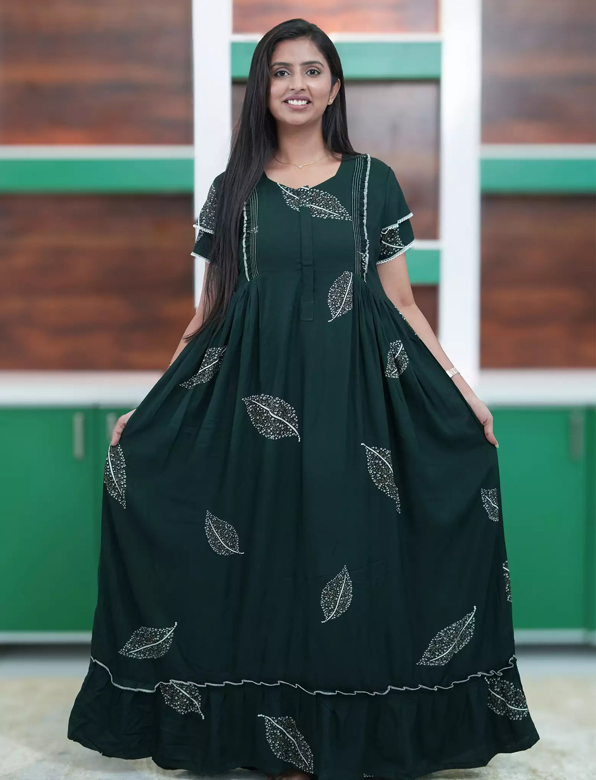 Dark Green Rayon Double Layer Feeding And Casual Frock - Mangai Nighties 