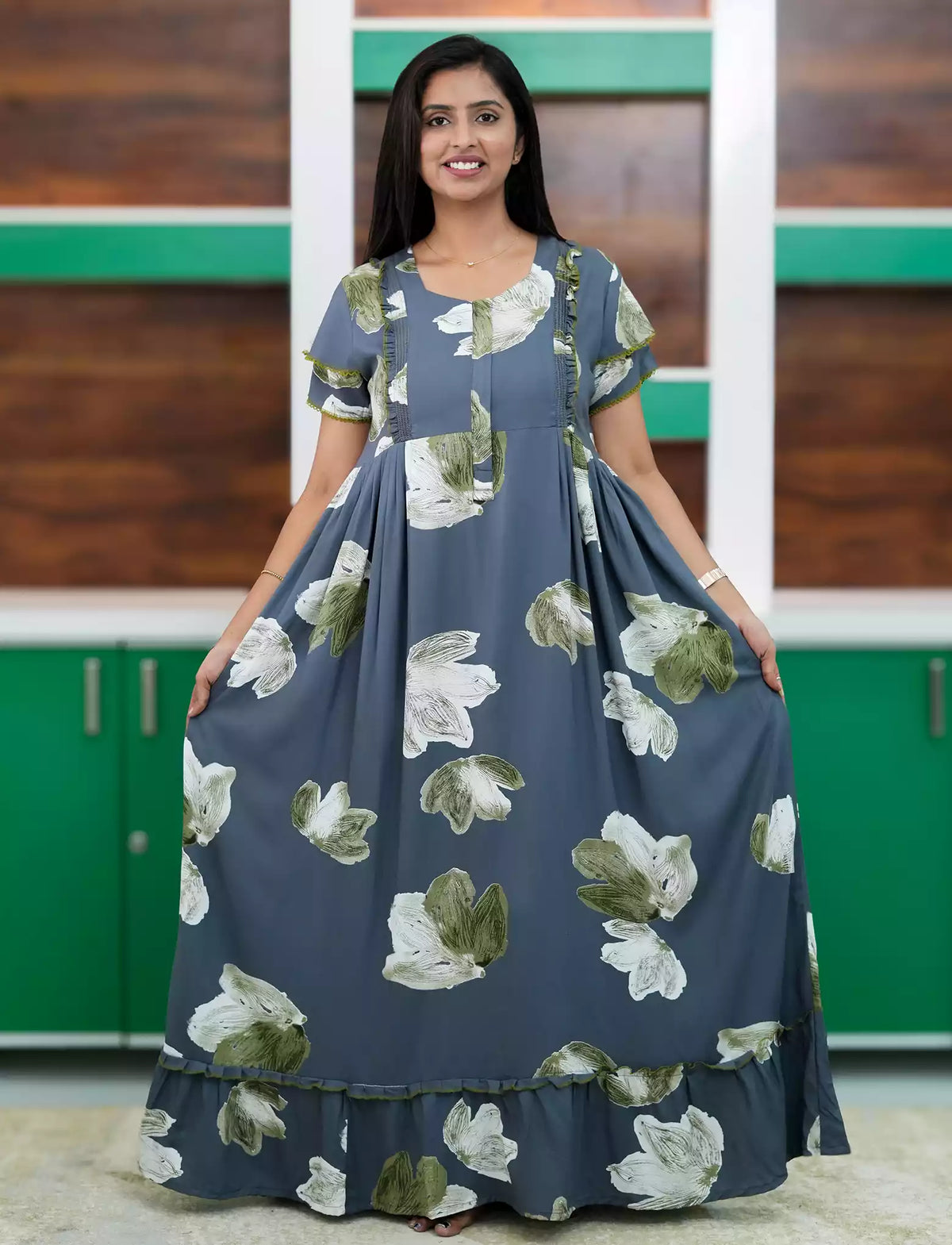 Grey Feeding Frock with Frilled Bottom - Mangai Nighties