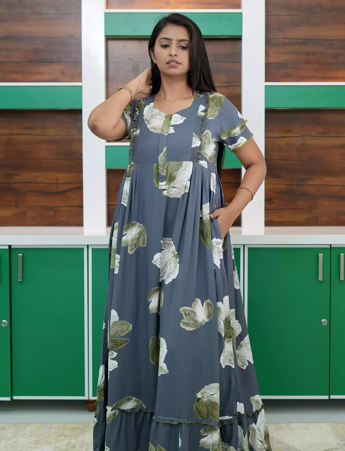 Grey Floral Feeding Frock with Side Pocket - Mangai Nighties