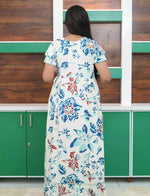 Ivory White Floral Print Feeding Flared Dress with Frill Hem - Mangai Nighties 