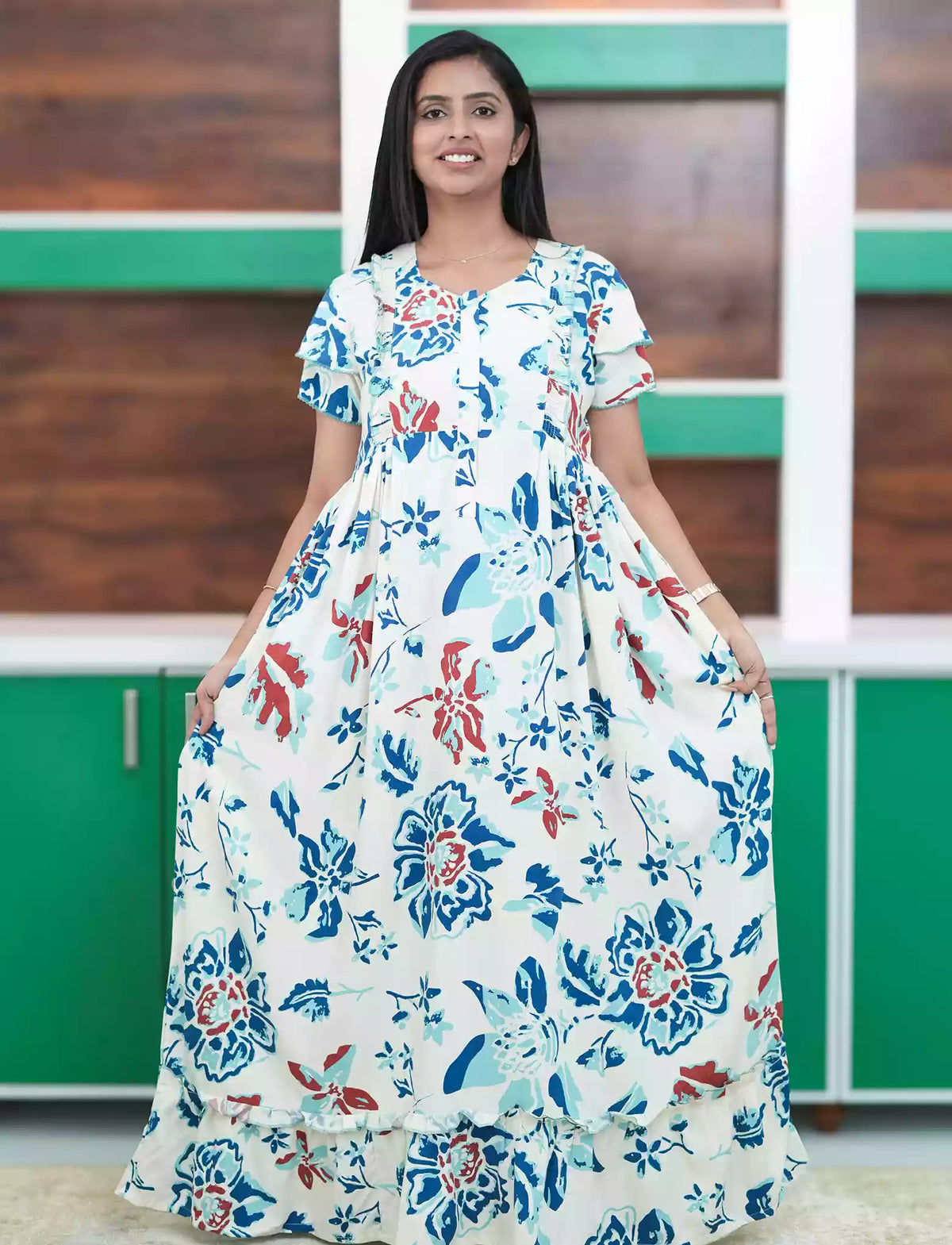 Ivory White Vintage Floral Rayon Feeding Flared Frock - Mangai Nighties 
