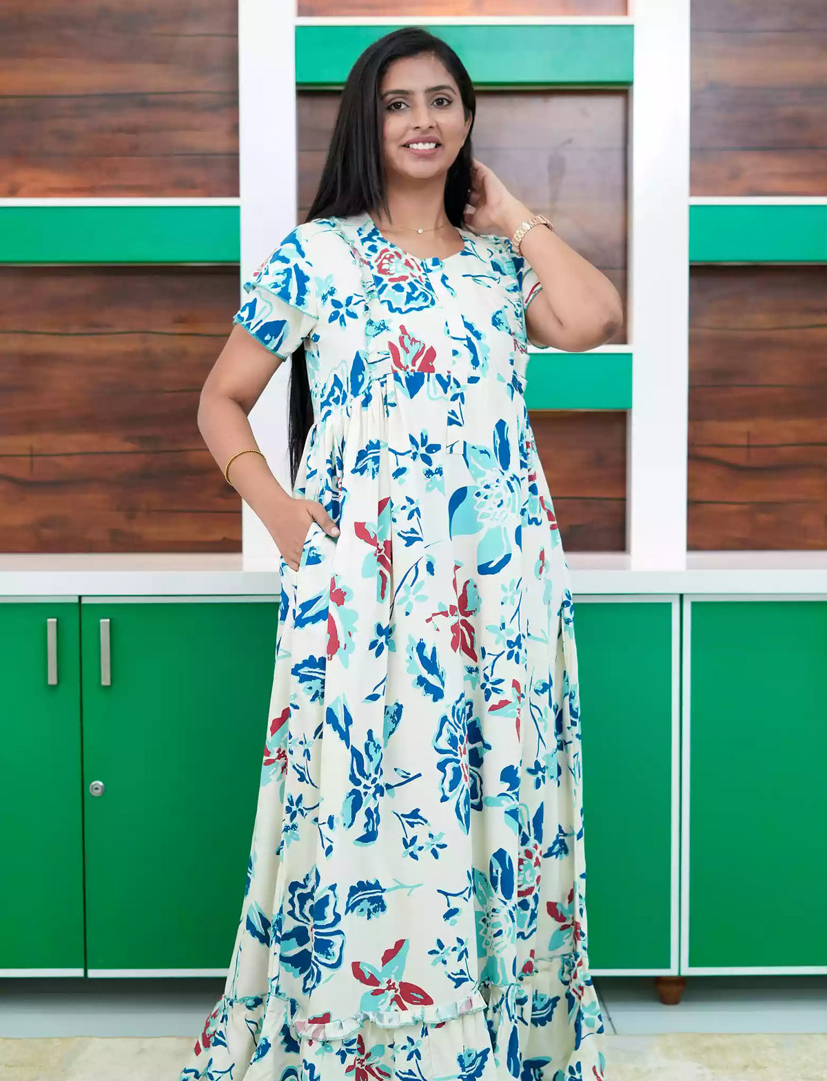 Ivory White Rayon Vintage Floral Maternity Feeding Dress - Mangai Nighties 
