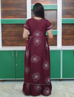 Maroon Floral Outline Print Rayon Front Zipper Feeding and Casual Full Frock - Mangai Nighties