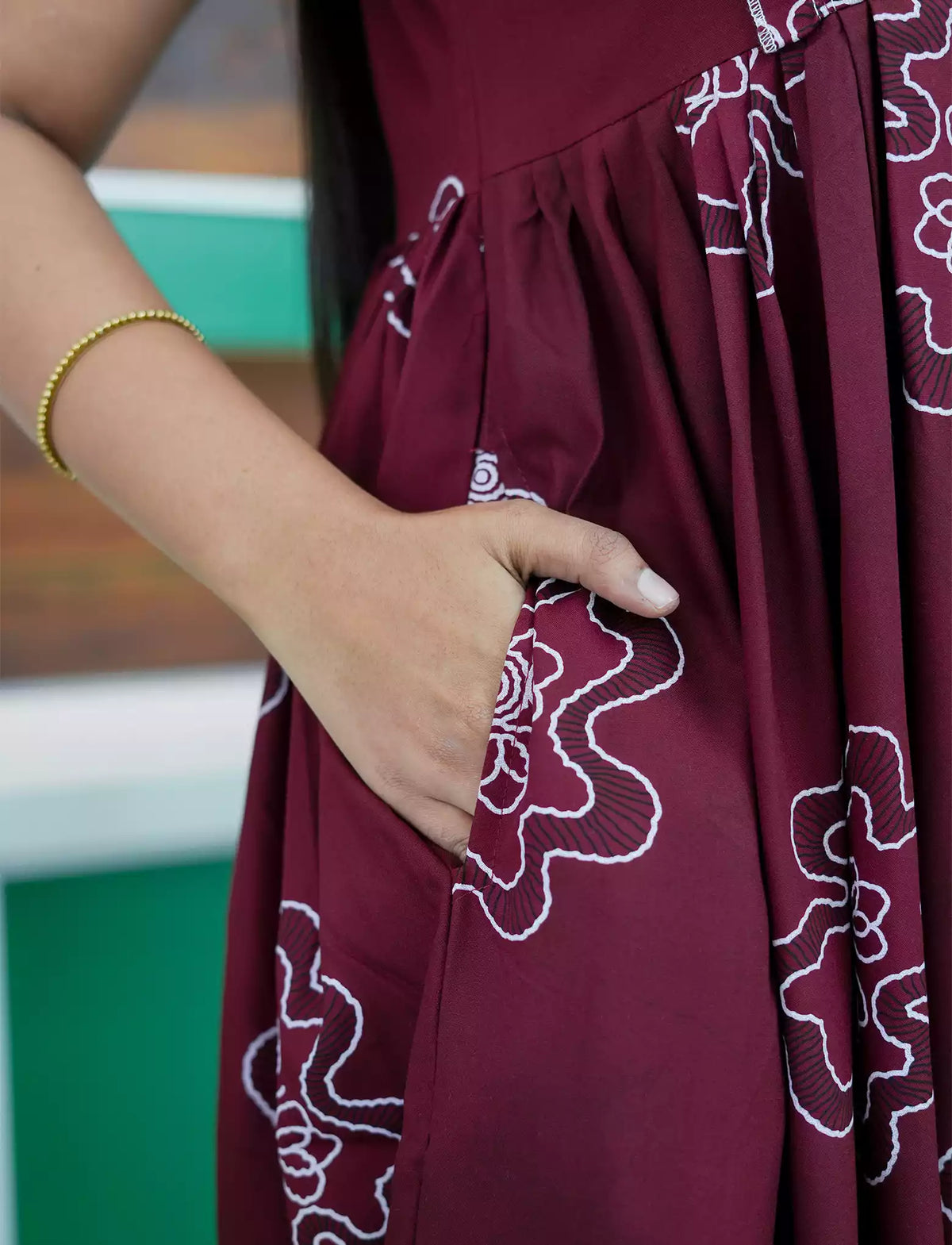 Maroon Floral Outline Print Rayon Front Zipper Feeding and Casual Full Frock - Mangai Nighties