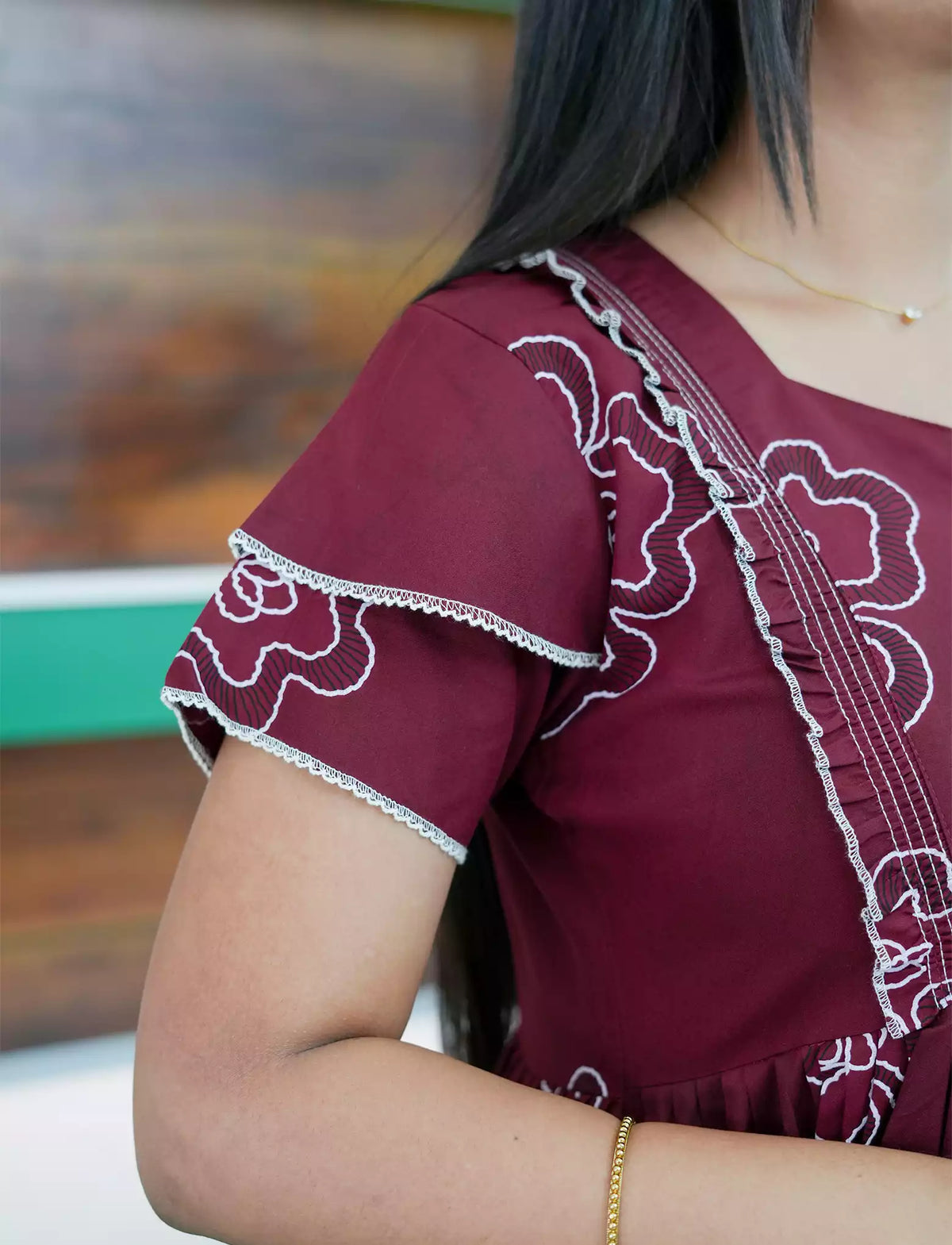 Maroon Floral Outline Print Rayon Front Zipper Feeding and Casual Full Frock - Mangai Nighties