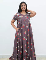 Coffee Brown Abstract Feather Print Rayon Front Zipper Feeding Full Frock - Mangai Nighties