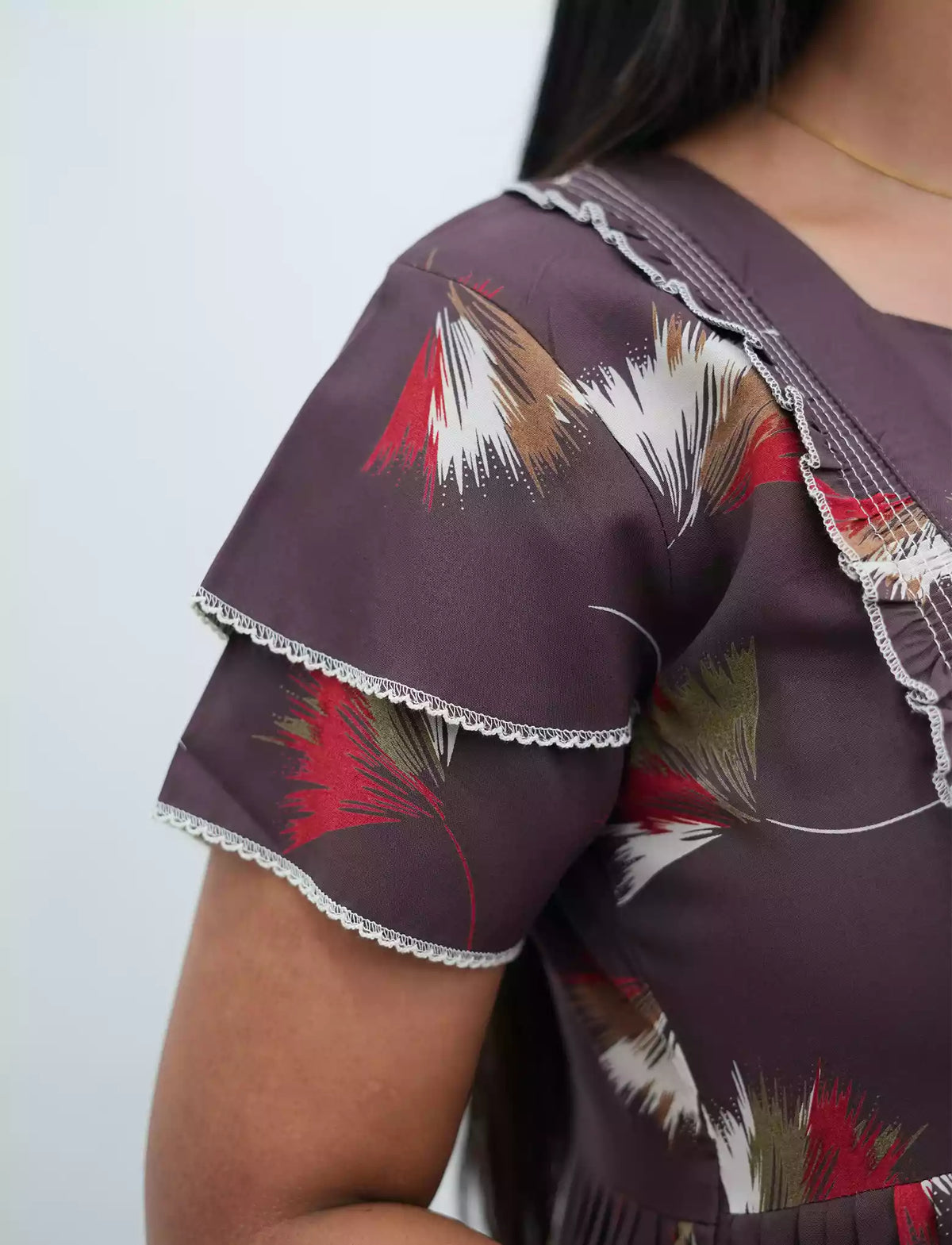 Coffee Brown Abstract Feather Print Rayon Front Zipper Feeding Full Frock - Mangai Nighties
