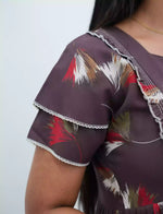 Coffee Brown Abstract Feather Print Rayon Front Zipper Feeding Full Frock - Mangai Nighties