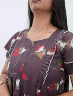 Coffee Brown Abstract Feather Print Rayon Front Zipper Feeding Full Frock - Mangai Nighties