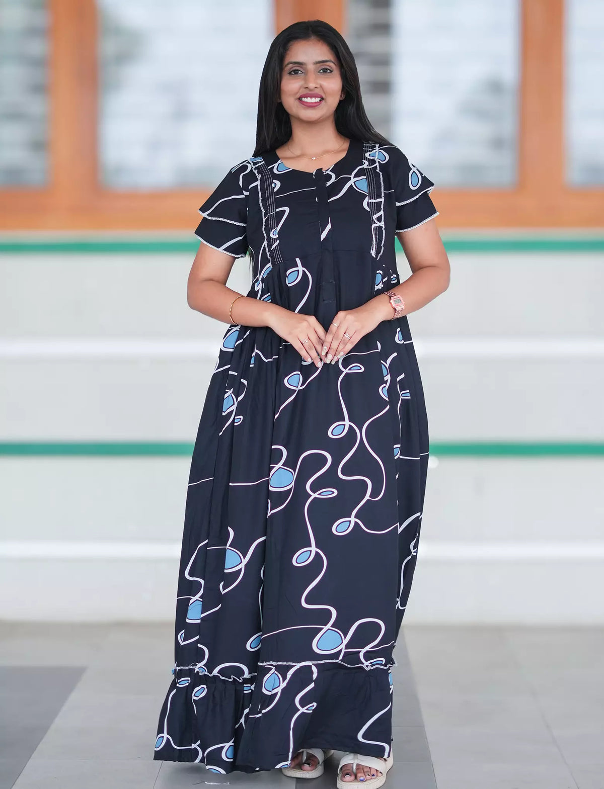 Navy Abstract Loop Rayon Feeding Flared Frock - Mangai Nighties 