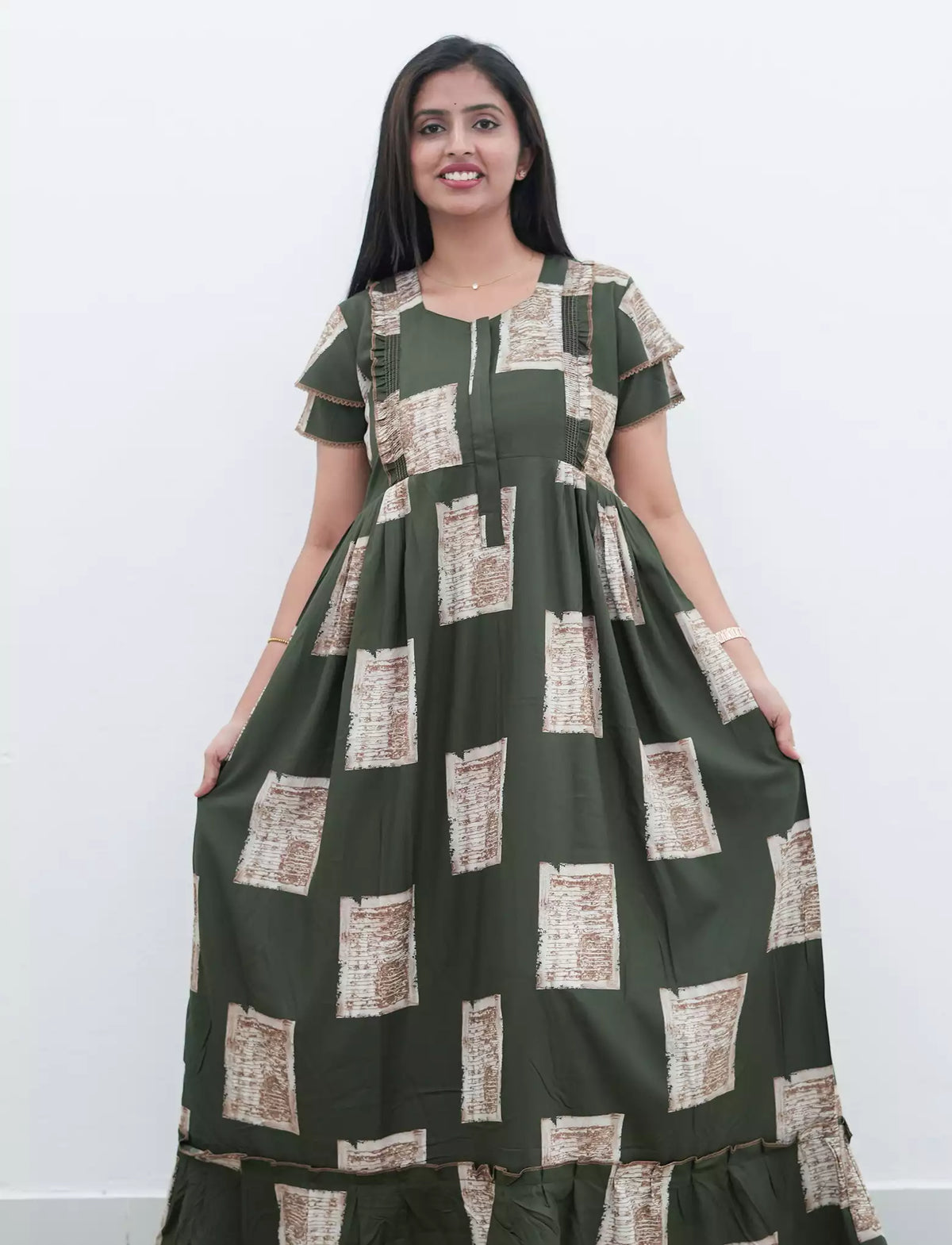 Dark Brown Geometric Print Rayon Front Zipper Feeding Full Frock with Flutter Sleeve- Mangai Nighties