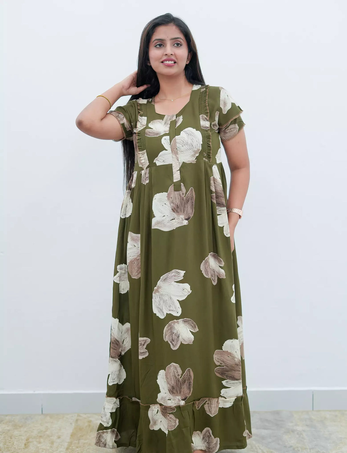 Rayon Front Zipper Feeding Frock Olive Green - Mangai Nighties