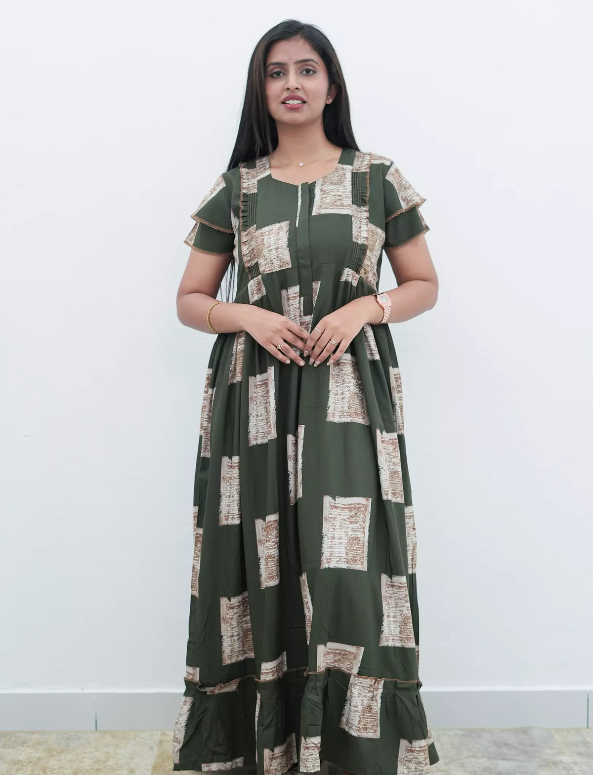 Dark Brown Geometric Print Rayon Front Zipper Feeding Full Frock with Flutter Sleeve- Mangai Nighties