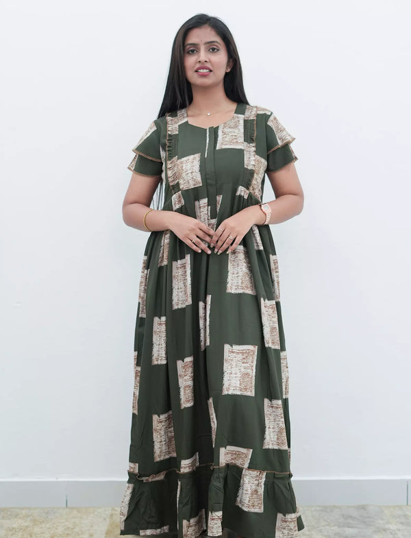 Olive Green Geometric Print Rayon Feeding Frock - Mangai Nighties 