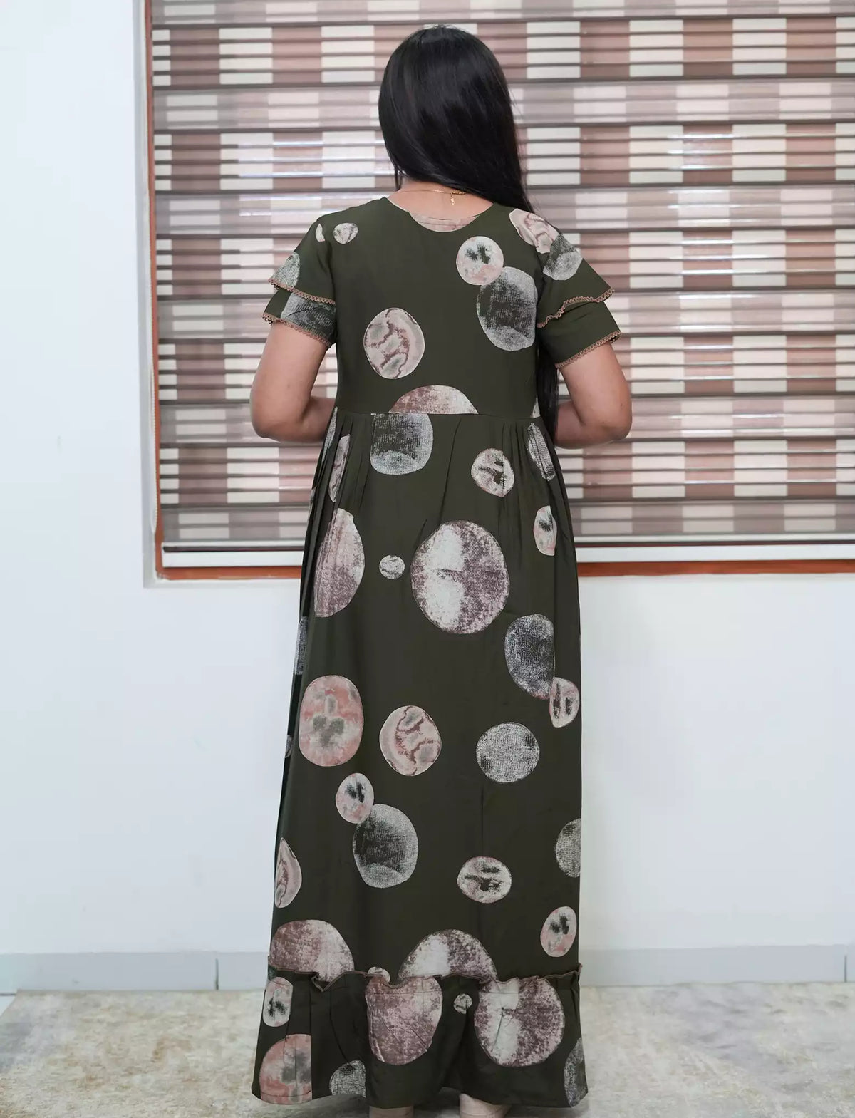 Sage Green Marble Circle Print Rayon Front Zipper Feeding Frock - Mangai Nighties