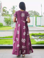Purple Floral Print Rayon Front Zipper Feeding with Double Layer Sleeve Full Frock - Mangai Nighties