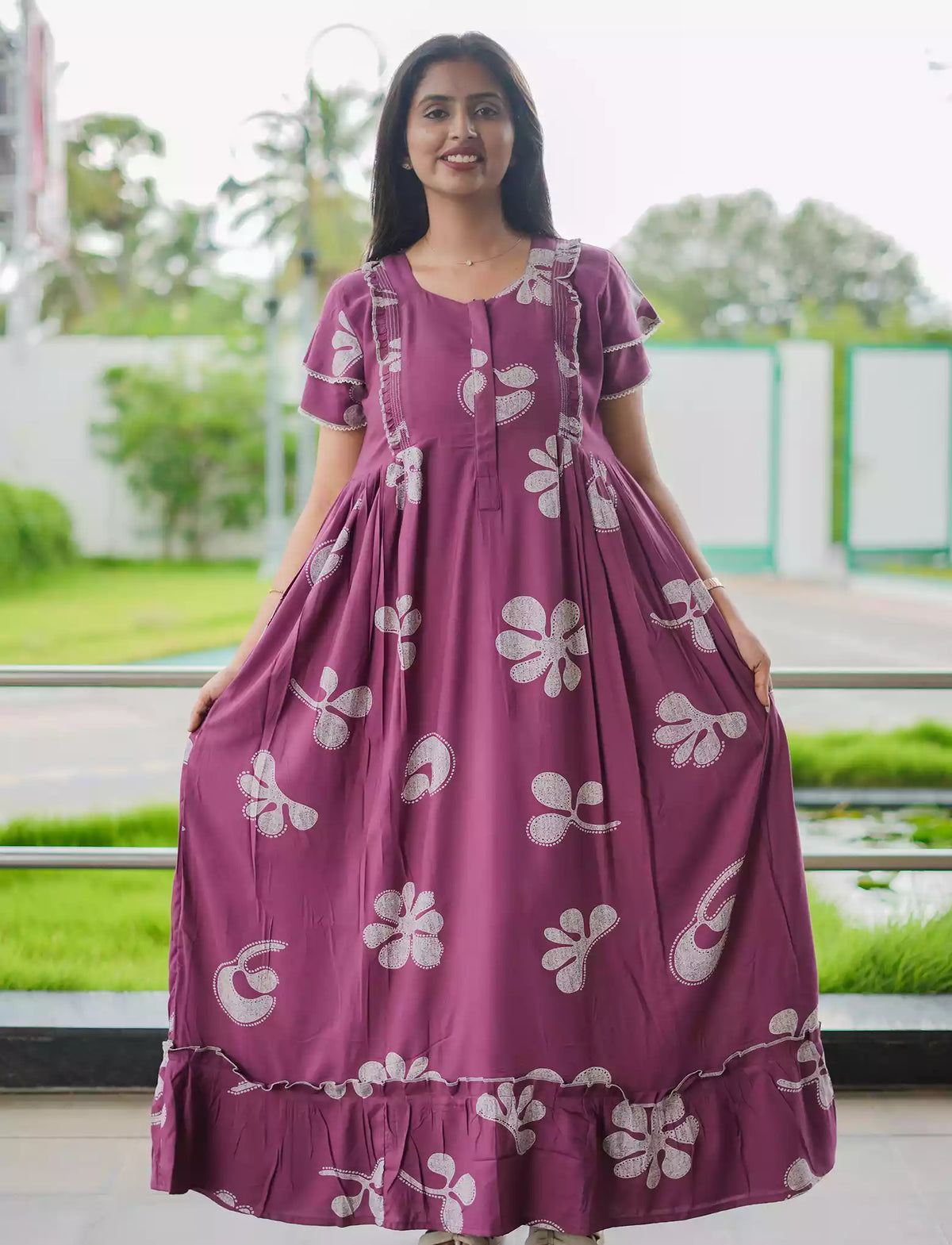 Purple Floral Print Rayon Front Zipper Feeding with Double Layer Sleeve Full Frock - Mangai Nighties
