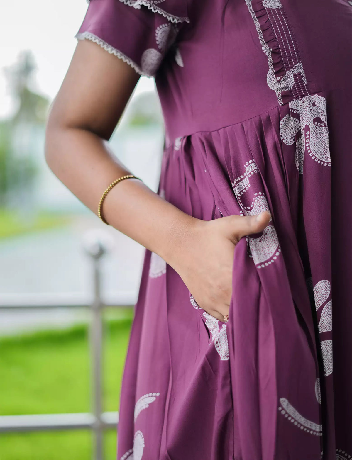 Purple Floral Print Rayon Front Zipper Feeding with Double Layer Sleeve Full Frock - Mangai Nighties