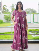 Purple Floral Print Rayon Front Zipper Feeding with Double Layer Sleeve Full Frock - Mangai Nighties