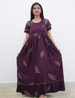Elegant Purple Silver Leaf Print Design with Front Zipper - Mangai Nighties 