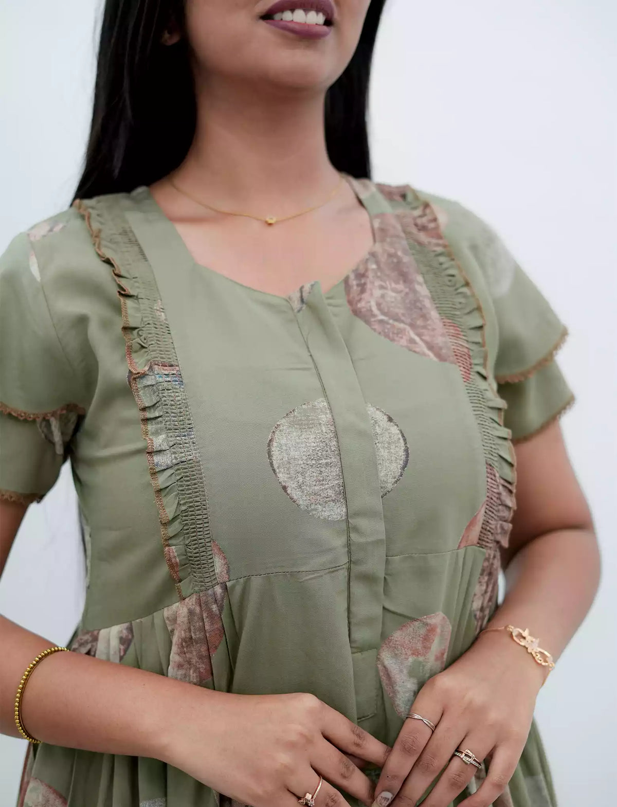 Sage Green Marble Circle Print Rayon Front Zipper Feeding Frock - Mangai Nighties