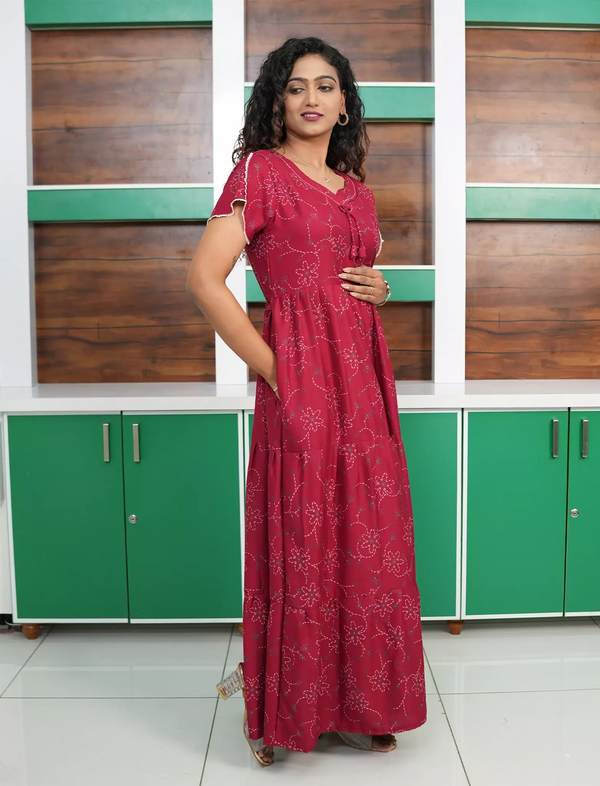 Alpine Floral Print Petal Sleeve Full Frock - Mangai Nighties