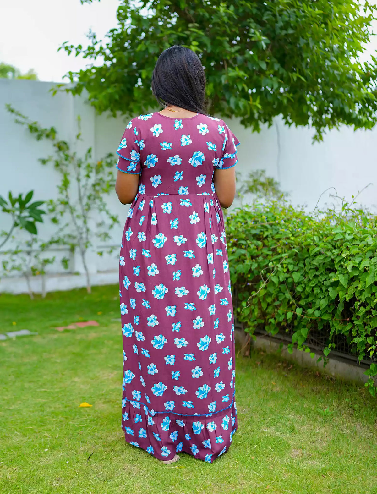 Brown Print Feeding Flared Frock with Frill - Mangai Nighties
