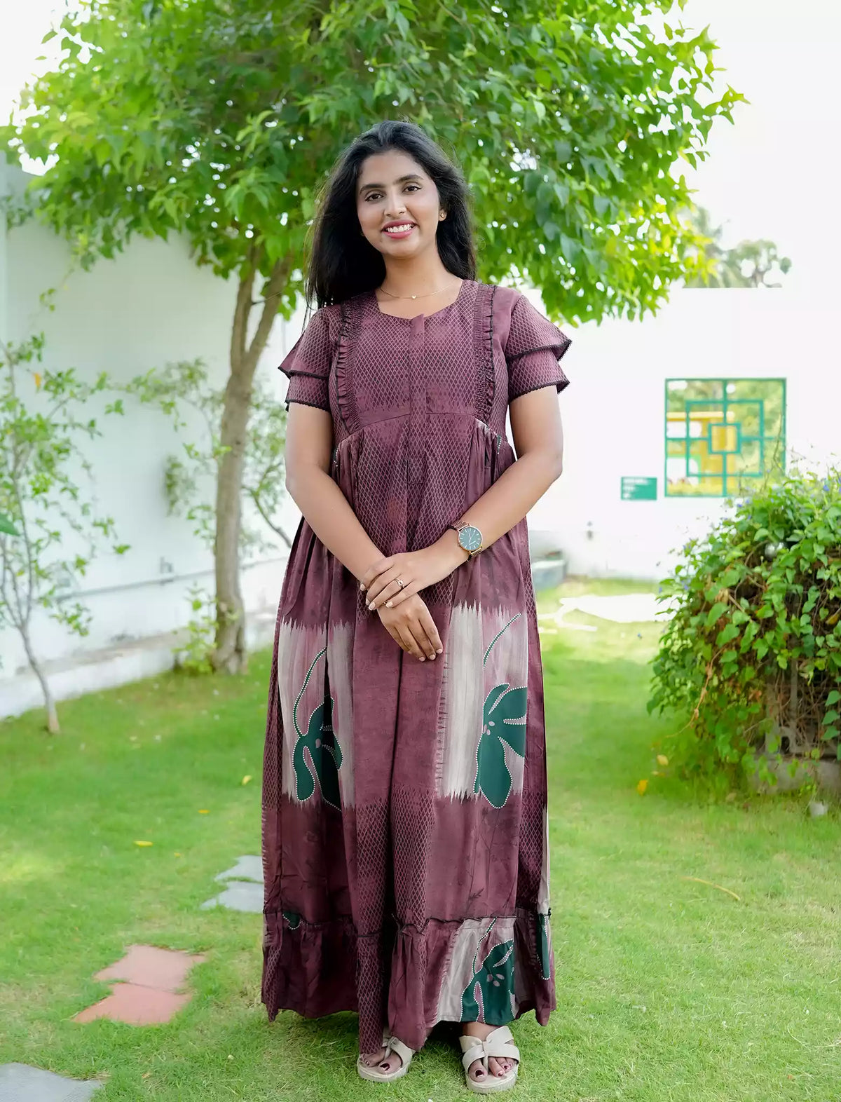 Rayon Floral Motif Print Feeding Maternity Frocks | Mangai Nighties