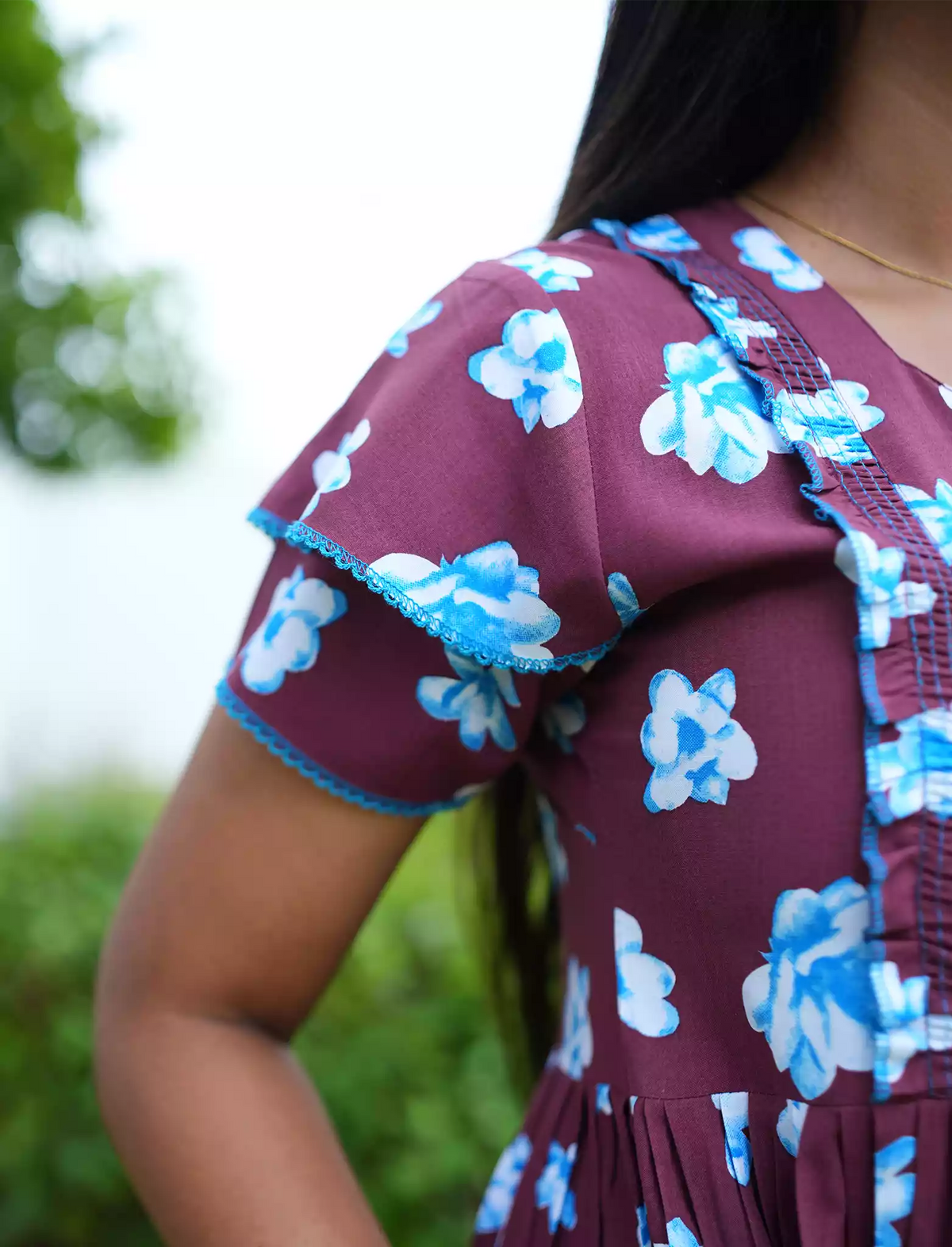 Brown Rayon Feeding Flared Frock with Double Layer Sleeves - Mangai Nighties