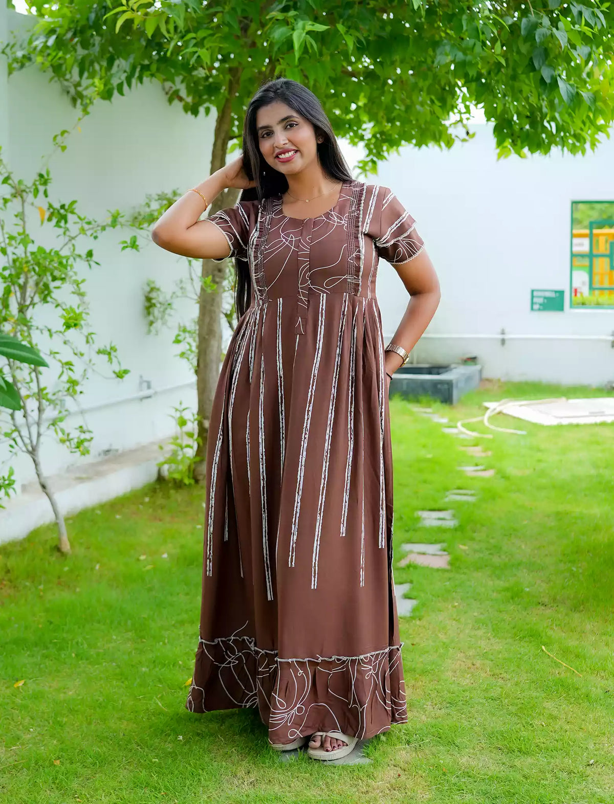 Rayon Stripe Print Feeding Maternity Frock with Zip | Mangai Nighties