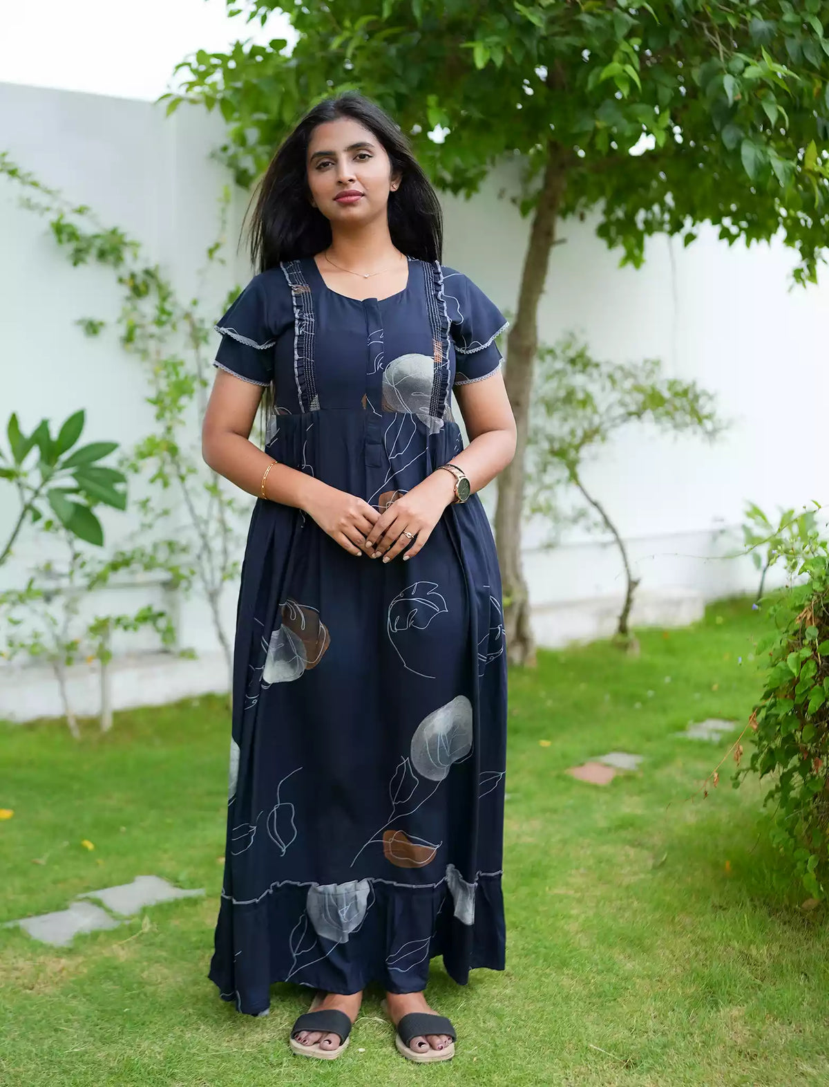 Rayon Floral Print Maternity Feeding Frock with Pocket | Mangai Nighties