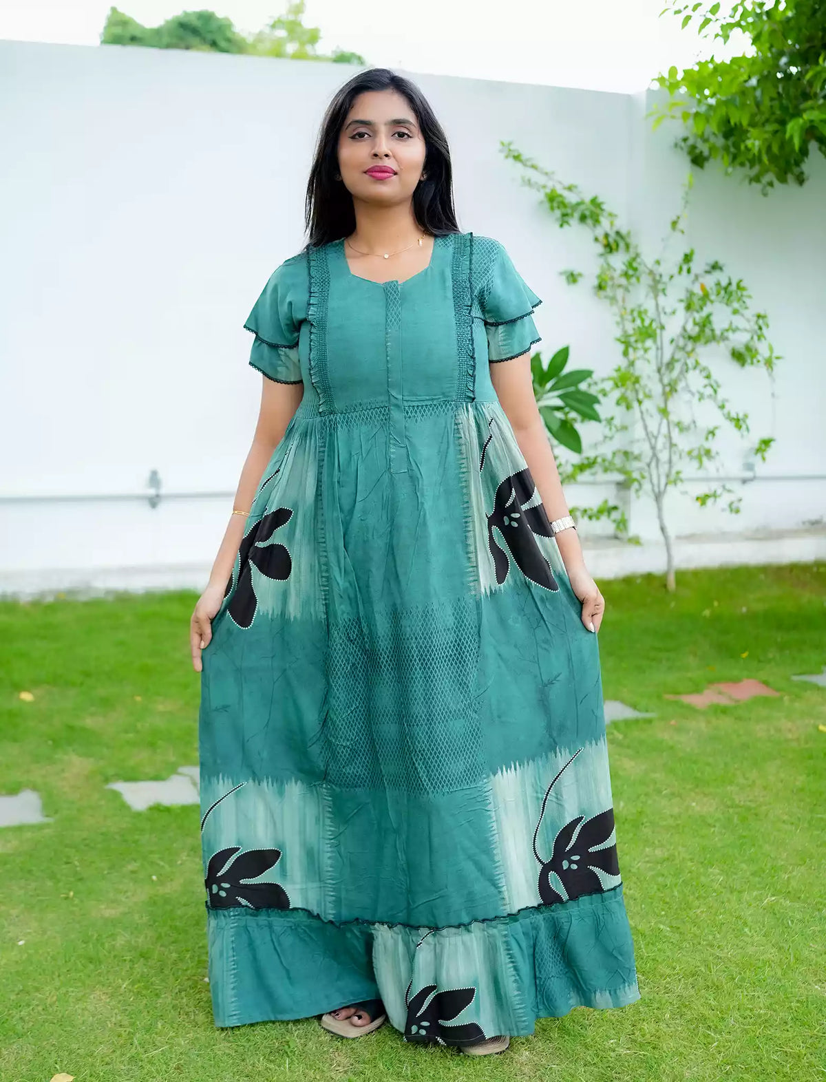 Rayon Floral Motif Print Feeding Maternity Frocks | Mangai Nighties